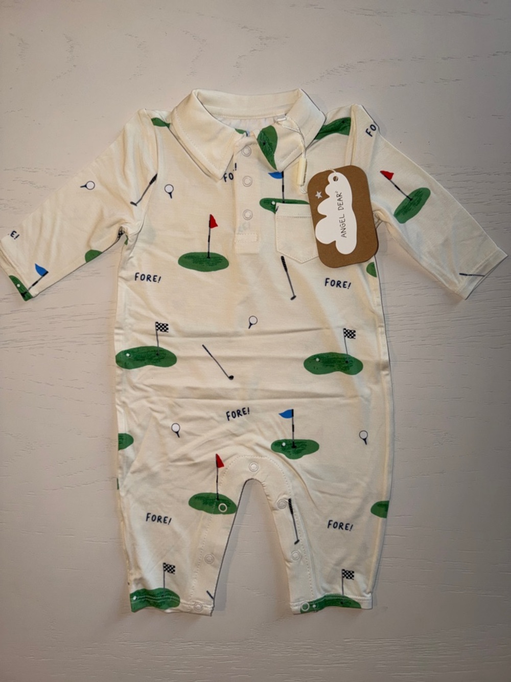 Angel Dear White Polo Golf Fore! Romper 0-3 3-6 months